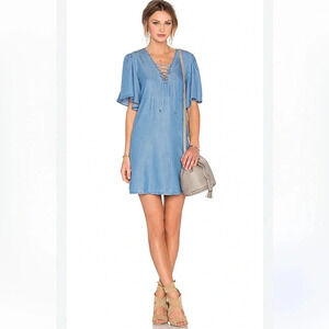 Lovers and Friends Washed Ashore Dress Revolve Denim Lace Up Short Sleeve Size S